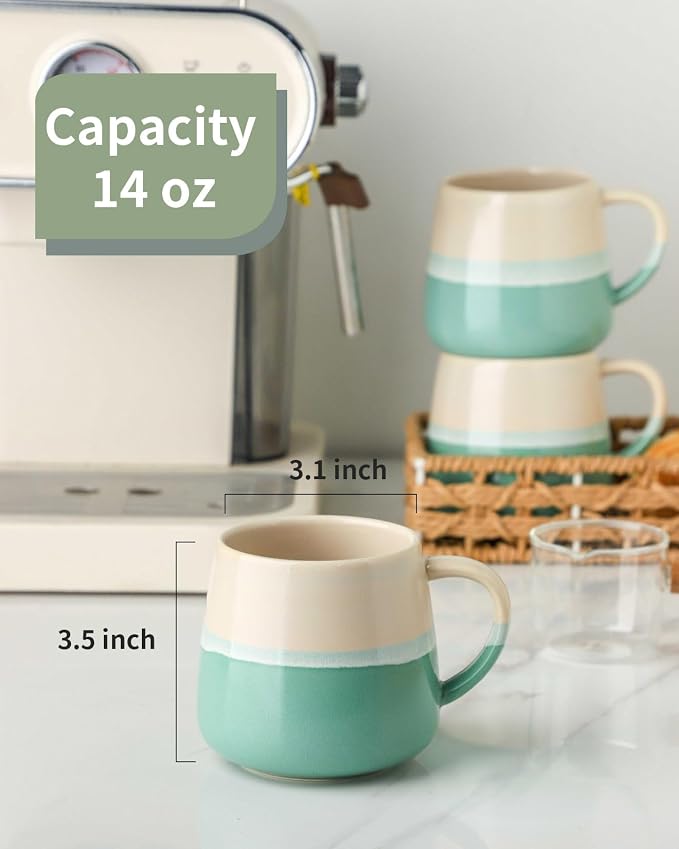 Coffee Mugs Set of 4, Ceramic Tea Coffee Cups with Handle, 14 OZ Large Porcelain Mug for Americano, Latte, Cappuccino, Hot Chocolate, Glazed White and Green