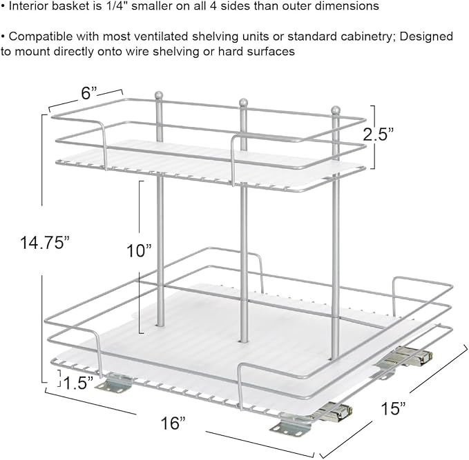 Household Essentials Glidez Steel Pull-Out/Slide-Out Storage Organizer with Plastic Liners for Under Sink or Wire Shelf Use - 2-Tier Design - Fits Standard Size Cabinet or Shelf, Brushed Silver