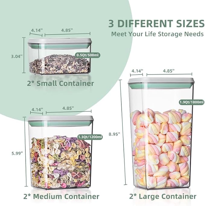 Ankou Airtight Food Storage Container Sets with Lids 6Pcs Pop Containers for Kitchen Pantry Organization BPA-Free Stackable Kitchen Storage Containers for Cereal Flour Sugar (0.5, 1.2, 1.8qt)*2