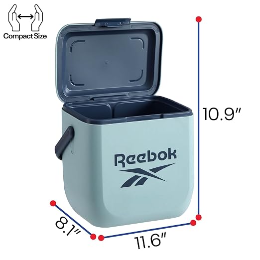 Reebok 8L Hard Cooler,Officially Licensed Portable Cooler Ice Chest with Handle, Holds 12 Cans, 12-Hour Ice Retention,Light Blue