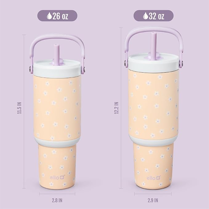 Ello Oasis Go+ 26oz Tumbler with Top Handle and Retracting Straw | Reusable Insulated Stainless Steel Cup, 100% Leakproof Water Bottle, 24 Hours Cold, Cup Holder Friendly For Travel | Daisies