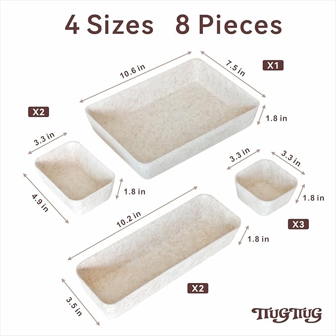 8-Piece Felt Drawer Organizer Set in 4-Sizes, Made from Eco-Friendly Material for Vanity, Makeup, Desk, Office, Kitchen, and Nightstand, Oatmeal