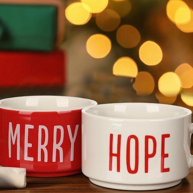 Sliner Set of 4 10 oz Christmas Stackable Large Coffee Mugs with Rack Porcelain Coffee Cups Ceramic Coffee Cup Set with Metal Stand Christmas Theme Coffee Mug for Espresso Tea Cocoa, Red White