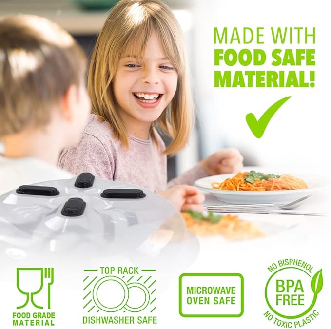 HOVER COVER 2 Pack Magnetic Splatter Cover, 12-Inch Clear BPA-Free Food Lid, Vented Plate Guard with Steam Vents, Anti-Splash Microwave Lid, Dishwasher Safe, Space-Saving Magnetic Storage - Black