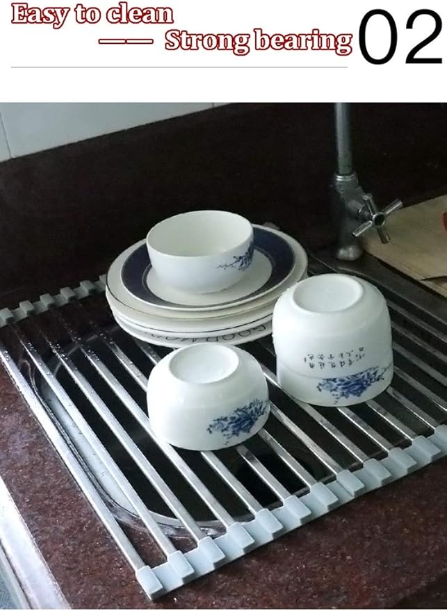 Roll Up Dish Drying Rack Over The Sink Foldable Dish Drainer Silicone Covered Stainless Steel Rod Ends Multipurpose Kitchen Utensils Easy to Store(Size:50x33cm)(Tobes - 20,50x33cm)