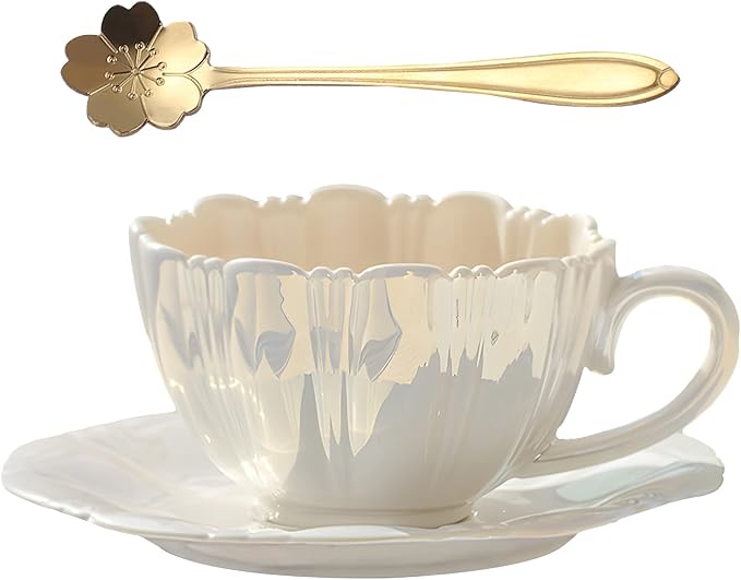 amokk Porcelain Coffee Mugs Flower Shaped Tea Cup and Saucer Set for Housewarming Gift Home Decor (White)