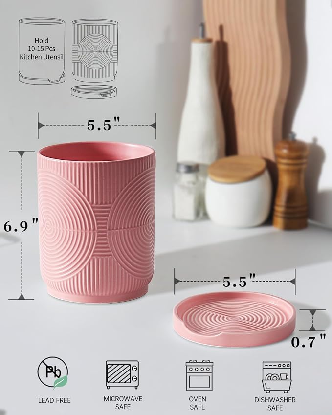 Utensil Holder, 7.2" Kitchen Utensil Holder for Counter, 2-in-1 Ceramic Cooking Utensils Holders with Spoon Rest, Utensil Crock for Spatula, Ideal Housewarming Gift (Pink)