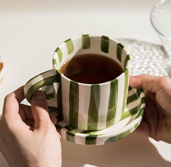 Cup and Saucer Set Hand-Painted Green Stripes, 8 Oz Ceramic Coffee Mug, Espresso Cups, Porcelain Coffee Cup for Cappuccino, Espresso, Coffee, Tea, Cafe Mocha, Latte, Set of Cup Gift for Coffee Lover
