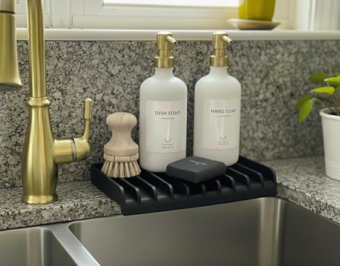 Effilogic Silicone Sponge Holder – Self-Draining Sink Organizer- Faucet Mat for Kitchen - Countertop Protector - Large Black