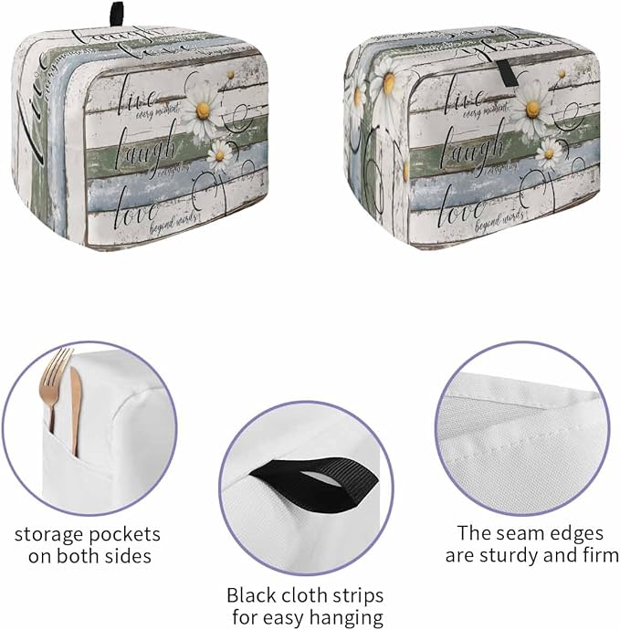 White Green Blue Toaster Cover 2 Slice, Vintage Wooden Rustic Dustproof Bakeware Oven Protector with Top Hook, White Daisy Floral Waterproof Small Kitchen Appliance Toasters Dust Cover, 12"x7.5"x8"