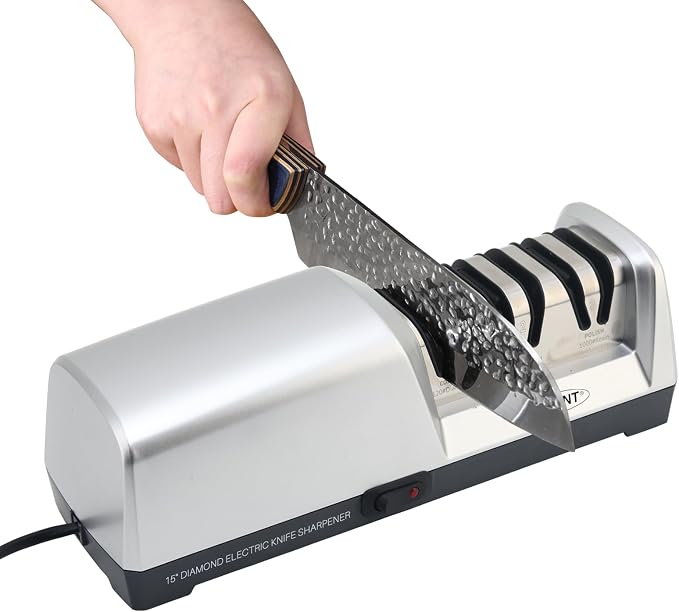 JOVANT 15° Electric Knife Sharpener for Kitchen Knives with 3-step Sharpening System and Diamond Abrasives Suitable for most Metal Ceramic Knives