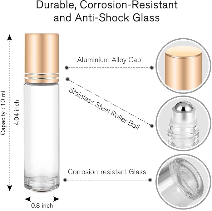 PrettyCare 4 Pack, 10 ml Essential Oil Roller Bottles with Stainless Steel Roller Ball - Refillable Leak-proof Empty Thick Clear Glass Roll on Bottles with Metal Caps for Travel, Perfume
