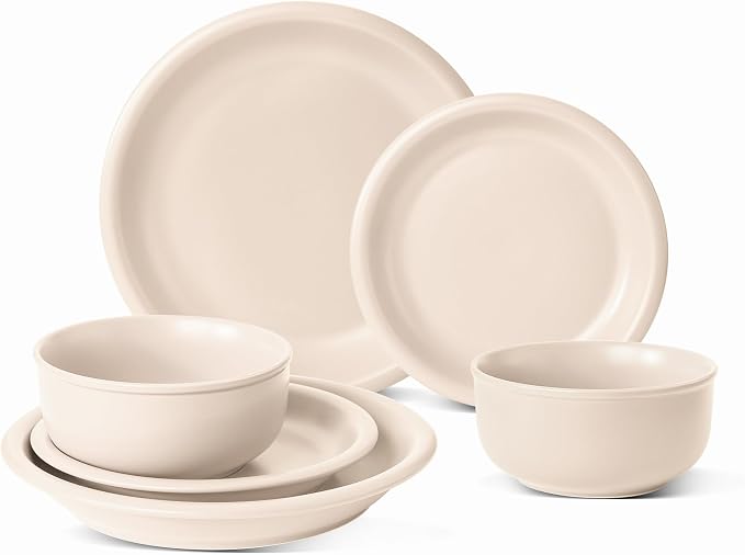 Timeworn Clay Dinnerware Set, 6 Pieces, Creamy White | Stoneware Sets for 2, Hand-Finished Glaze, Farmhouse Plates and Bowls, Microwave and Dishwasher Safe