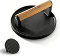 2.2lbs Heavy-Duty Griddle Press for Bacon Burger Steak Meat Paninis Burger Bacon Vegetables, Cast Iron BBQ Grill Press for Weber Blackstone Camp, Food Press for Cooking Round Wood Handle