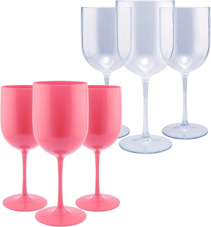 FOX & GRAPES Plastic Stemmed Wine Glasses | Unbreakable/Shatterproof, Reusable, Food Safe, Dishwasher Safe, For Birthday and Party, 16oz (Pink, Set of 6)