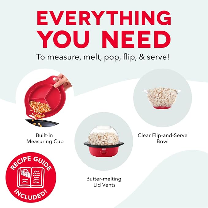 Dash SmartStore Stirring Popcorn Maker - Hot Oil Electric Popcorn Popper with Butter-Warming Tray, Clear Serving Bowl & Measuring Cup - 12 Cups, Red