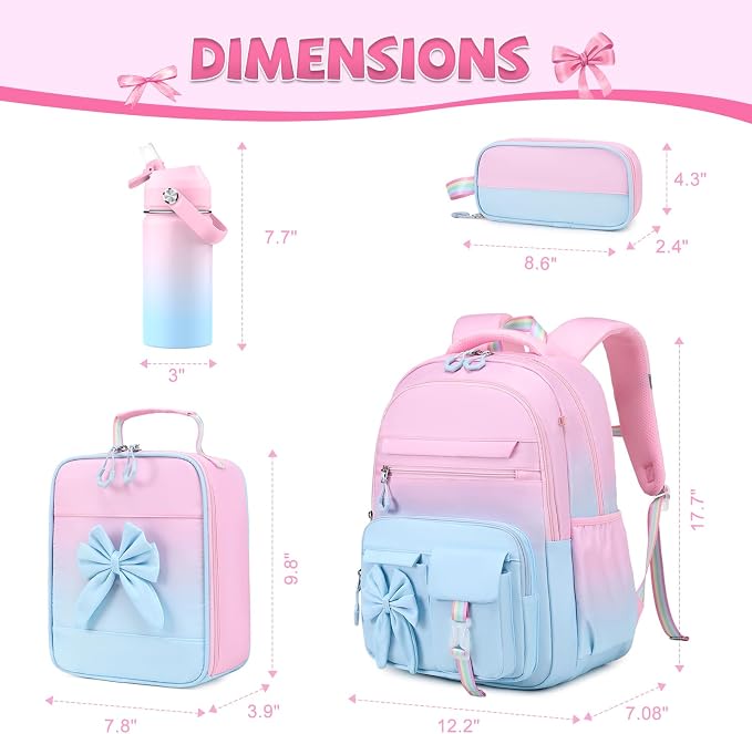 DIGOBAY Girls Backpack - Includes 14oz Insulated Water Bottle, Girls School Backpack Set with Lunch Bag & Pencil Case, Girl Teens for Elementary Preschool Middle School