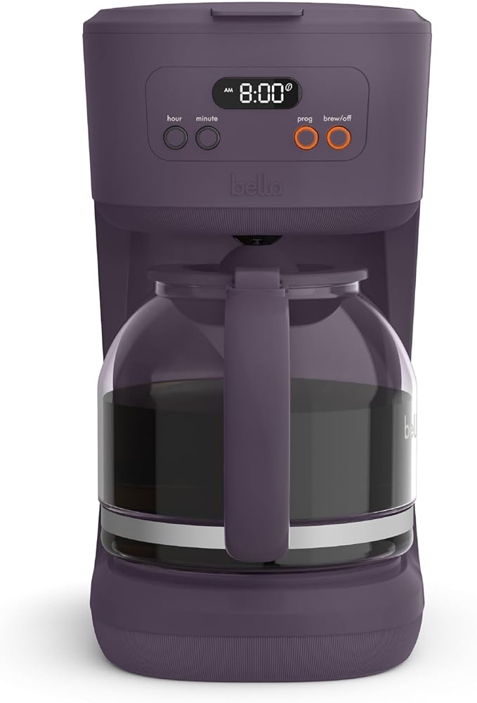 bella 12 Cup Programmable Coffee Maker, Reusable Dishwasher Safe Accessories, Easy LCD display, Auto Shutoff, 900 watt, Plum