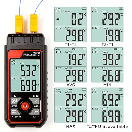 Digital Thermocouple Thermometer Dual-Channel K/J Type Thermometer -328~2501℉ Wide Range Industrial HVAC Temperature Meter with 4PCS of K-Type Thermocouple Probes, Alarm,Temp Conpensation