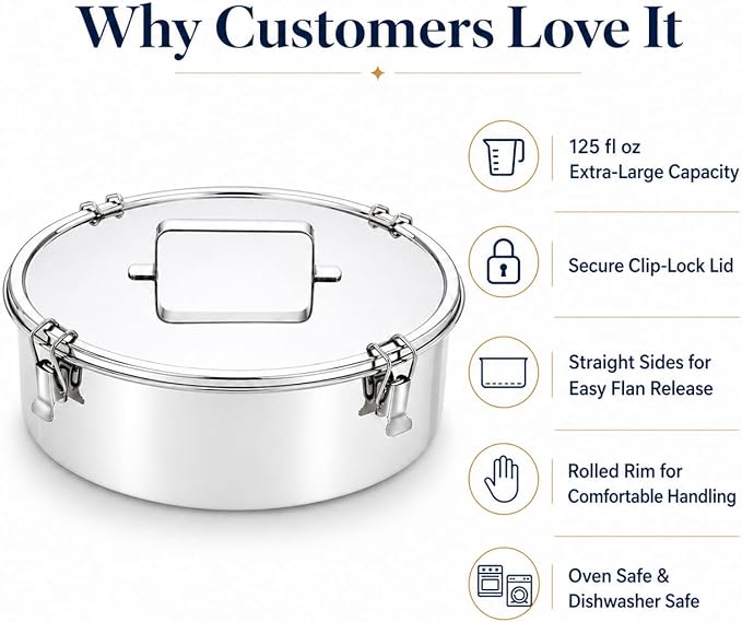 Extra Large Stainless Steel Flanera with Lid, 11.25 Inch 125 fl oz Flan Mold, Molde Para Flan for Family-Size Flan, Quesillo, Custard, Pudding, Cheesecake & Oven Water Bath Baking