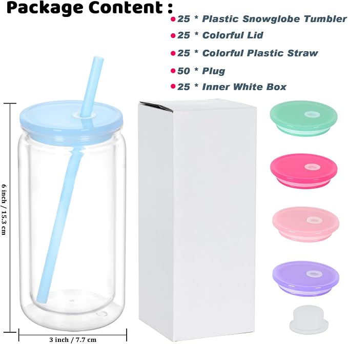 16 Oz Acrylic Snowglobe Tumbler, 25 Pack Pre-Drilled Double Wall Plastic Clear Cup for Glitter Snow Globe Diy, Double Wall Plastic Snowglobe Cup with Colorful Lid
