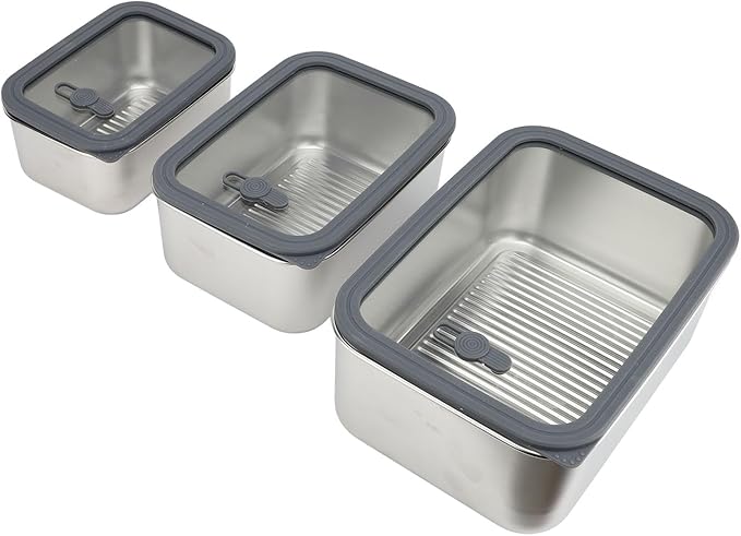 3PCS Food Storage Container Set 304 Stainless Steel Food Prep Container Lunch Box with Airtight Glass Lid for Kitchen