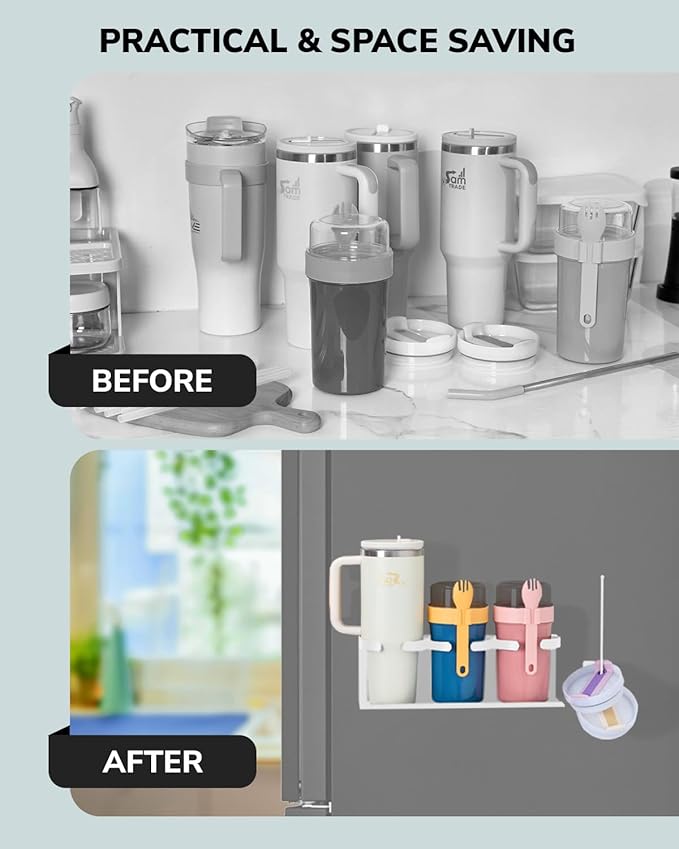 HAMARA Fiber Steel Magnetic Stanley Cup Holder for Fridge – 2-Pack Tumbler & Lid Organizer, Heavy-Duty Water Bottle Storage, Kitchen & Pantry Organizer for Stanley Cup Accessories (White)