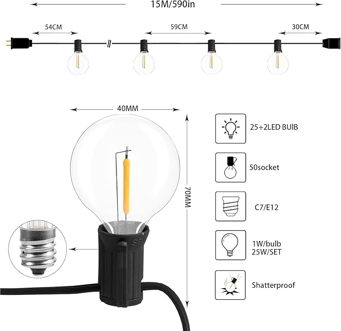 50FT LED Outdoor String Lights with 27 G40 Bulbs (2 Spare) Connectable Yard Hanging Lights for Party Tents Patio Gazebo Porch Deck Bistro Backyard Balcony Pergola Outside Decor