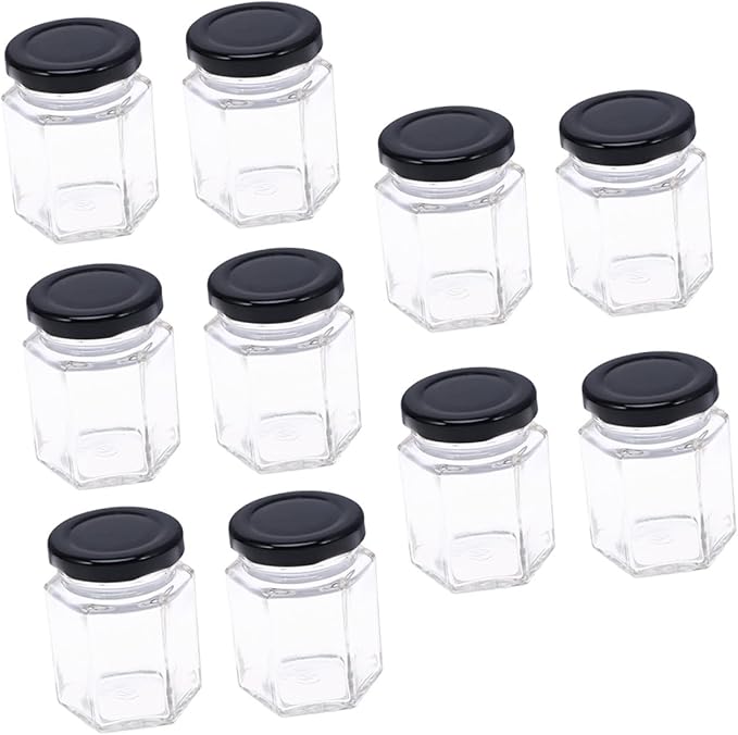 Abaodam Hexagonal Glass Food Storage Jars 380ml, Airtight Kitchen Grain and Snack Seal Containers with Lids, 10pcs Set for Pantry Organization and Meal Prep