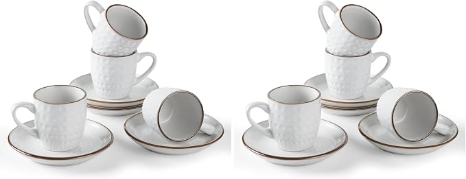 famiware Espresso Cups and Saucers Set of 4, 3 oz Ceramic Small Coffee Mug with Handle, Embossed Stoneware Demitasse Cup for Tea, Latte - Microwave & Dishwasher Safe - White Circle (Pack of 2)