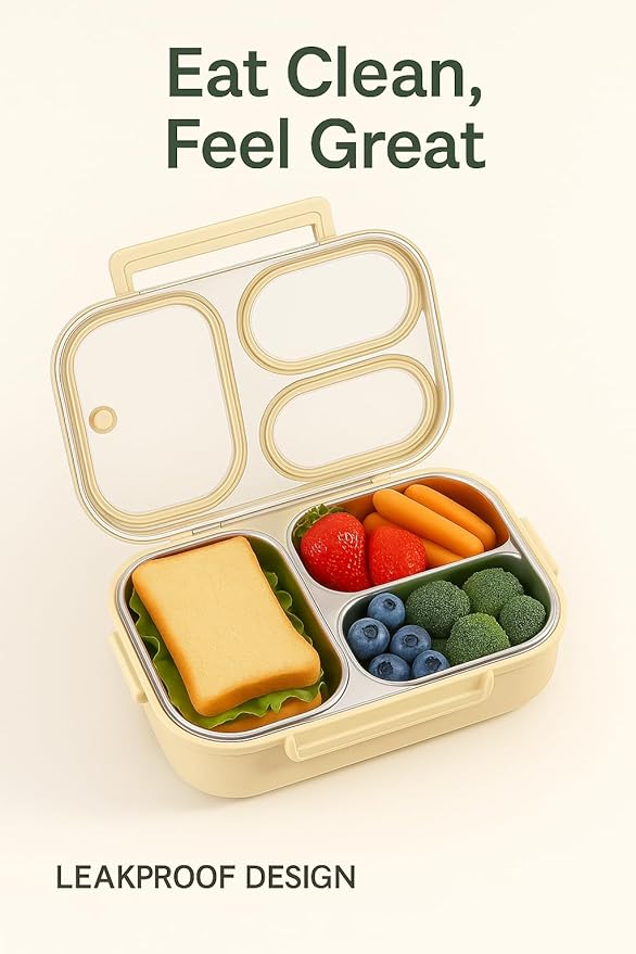 304 Stainless Steel Lunch Box for Work & Travel, 3-Compartment Leakproof Food Container, Healthy Eating & Portion Control, Safe for Home Use, Portion Control for Healthy Eating (Yellow 3 grids)
