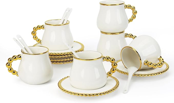 Coffee Cup Set of 6 with Saucers, 8 OZ Ceramic Espresso Cups, Cappuccino Coffee Cup Gift for Double Shot, Latte, Cafe Mocha, Dishwasher & Microwave Safe, Elegant Deco