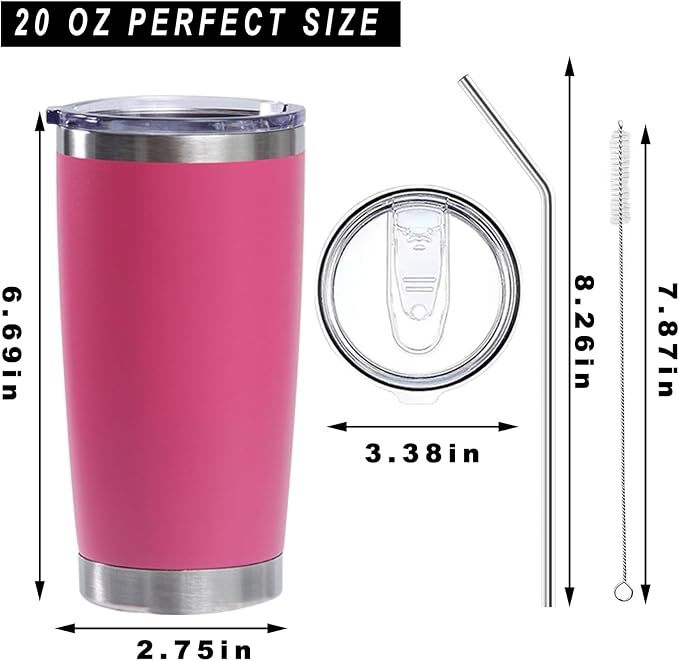 20oz insulted tumblers stainless steel cup Tumbler Bulk with push Lid, and metal straw powder coated coffee cup for cold and hot drinking (48, magenta)