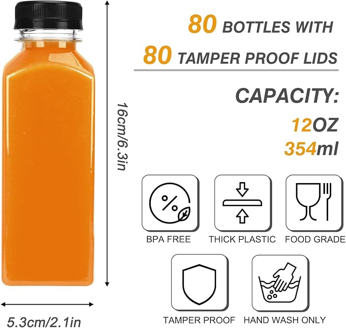 TOMNK 80pcs Juice Bottles, 12oz Reusable Plastic Juice Bottles with Caps and Labels, Funnel, Brush Beverage Containers for Juicing, Smoothies, Tea, Milk