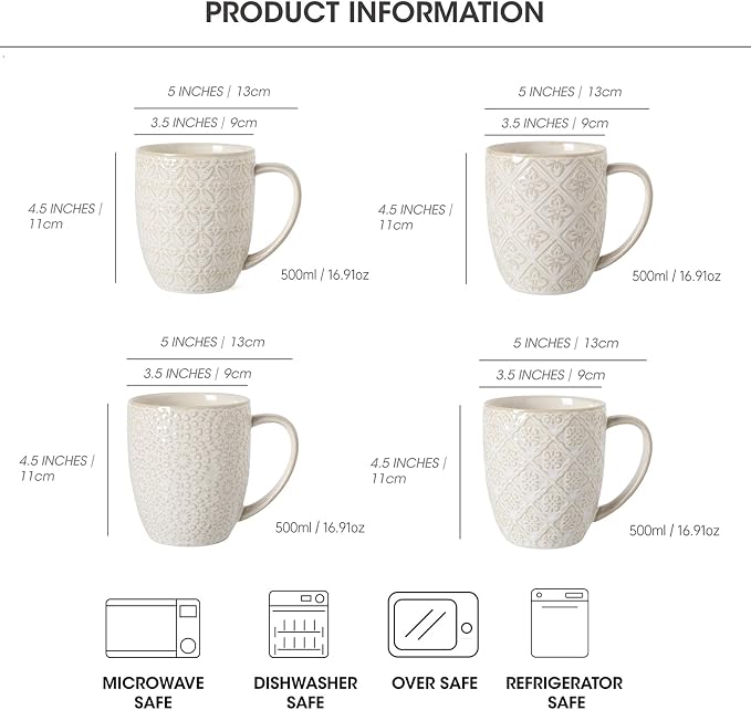 Coffee Mugs Set of 4, 16 Oz Ceramic Coffee Mugs, Large Porcelain Embossed Cups for Cocoa, Tea, Milk, Mocha, Cappuccino, Microwave & Dishwasher Safe, Comfort Handle, 3.5 x 4.5 inch