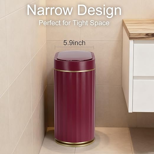 ELPHECO 2 Gallon Sensor Trash Can - Motion Sensor Bathroom Garbage Can with Lid, Automatic IPX5 Waterproof Trash Bin, Slim Garbage Bin for Bathroom, Office, Bedroom, Living Room, Burgundy Gold