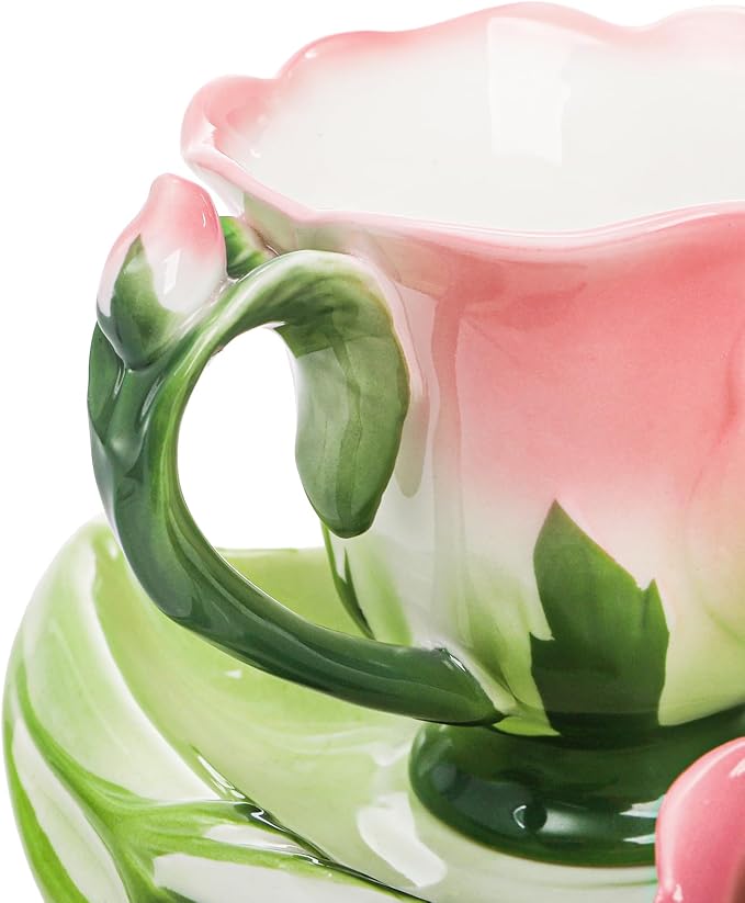 Cididu Pink Tea Cups with Saucer and Spoon, 4.5 Oz Small Ceramic Rose Flower Tea Cup Set for Women Girls, Hand Crafted Vintage Coffee Latte Mug, Fancy Teaware for Mother's Day, Birthday Gift, Wedding