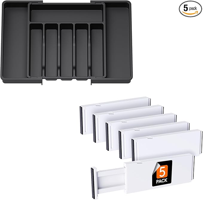 Lifewit Silverware Drawer Organizer, Expandable Utensil Tray for Kitchen, 5 Pack Drawer Dividers Plastic 4" High, 11-17" Adjustable Drawer Organizers