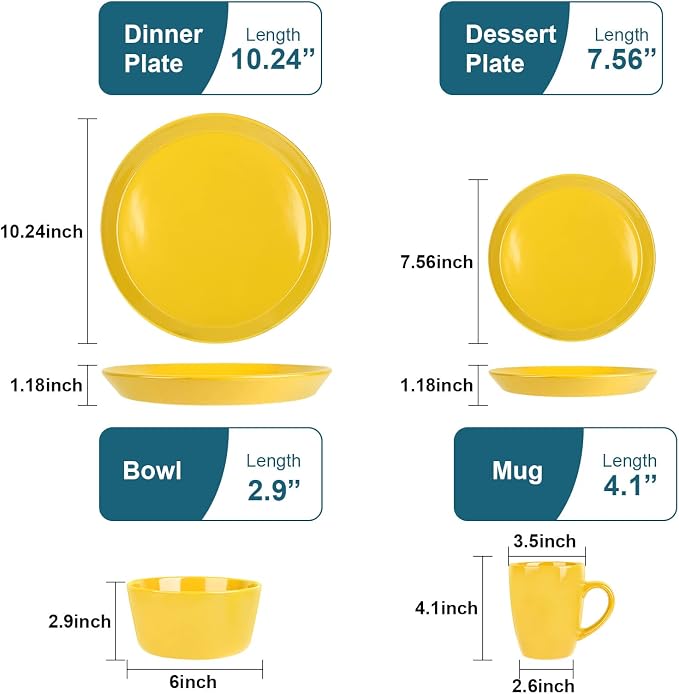 Plates and Bowls Sets, 16 Pieces Dinnerware Sets, Dishes Set for 4, Christmas, Kitchen Set is Home Essentials, Yellow