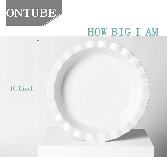 ONTUBE Ceramic 10.5 Inch Deep Pie Pans 50oz (White, 10.5" x 2 Pieces)