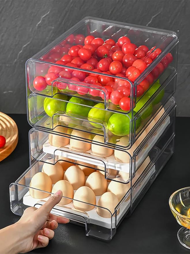 Fridge Drawers with Lids Stackable Pull Out Fridge Storage Containers Double Layer Clear Plastic Refrigerator Organizer Bins with Drain Tray for Kitchen Refrigerator Cabinets