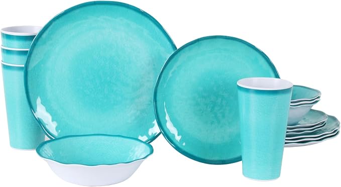 Melamine Dinnerware Set for 4-16 Pcs:Camping Dishes Set with Dinner Plates,Salad Plates,Bowls and Cups.Lightweight and Unbreakable.Indoor and Outdoor Use.