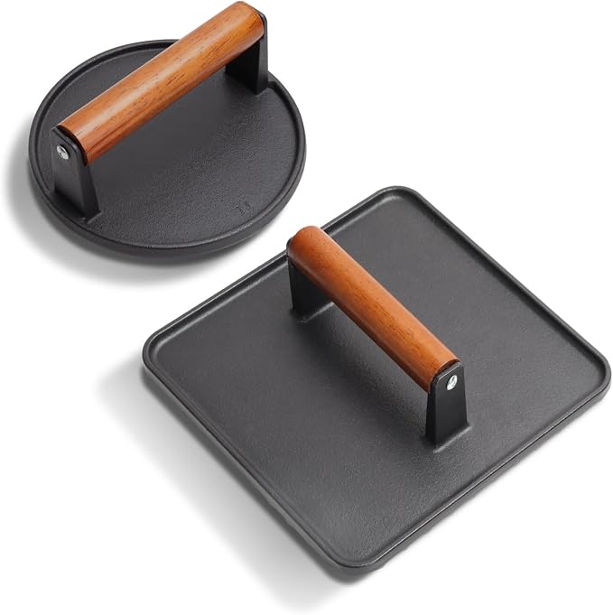 SafBbcue 10" Square Bacon Press & 7" Round Meat Press, Heavy Duty Cast Iron Griddle Press Smash Burger Press Compatible with Blackstone Flat Top Griddle Grills
