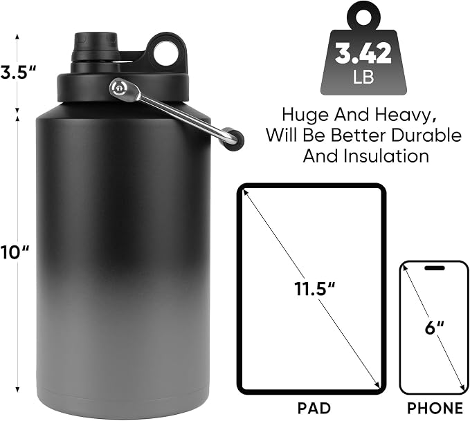 Insulated Gallon Jug with Handle, One Gallon, 128oz Stainless Steel, Large Double Vacuum Water Bottle for Cold Drinks, Wide Mouth, Sweat Proof, Carrier bag, Great for Travel, Camping, Grey Gradient