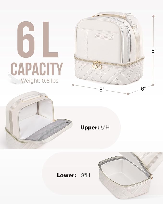 Double Deck Lunch Box Bag Women - Vegan Leather Insulated Waterproof Leakproof Cooler for Work Travel Picnics - Teacher Mothers Day Christmas Birthday Gifts