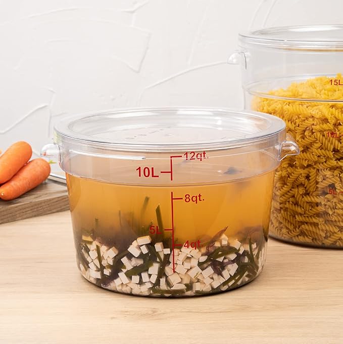 Restaurantware Met Lux 12 Quart Food Storage Container, 1 Round Commercial Storage Container - Lid Sold Separately, With Volume Markers, Clear Plastic Food Prep Bucket, Space-Saving Storage