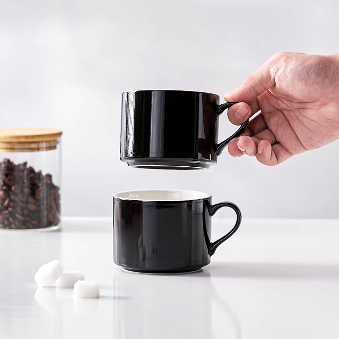 10oz Porcelain Stackable Coffee Mugs and Metal Stand Set of 4, Espresso Cups Set for Hot Drinks, Cappuccino, Tea-Black