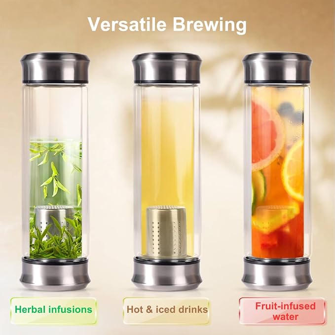 Double Wall Glass Tea Bottle with Infuser - Loose Leaf Tea Steeper, Insulated Cup, Fruit Brewer, Glass Mug With Double Lids - Portable Brewer - Water Infuser Bottle - 13.5 & 10 oz (13.5 oz)