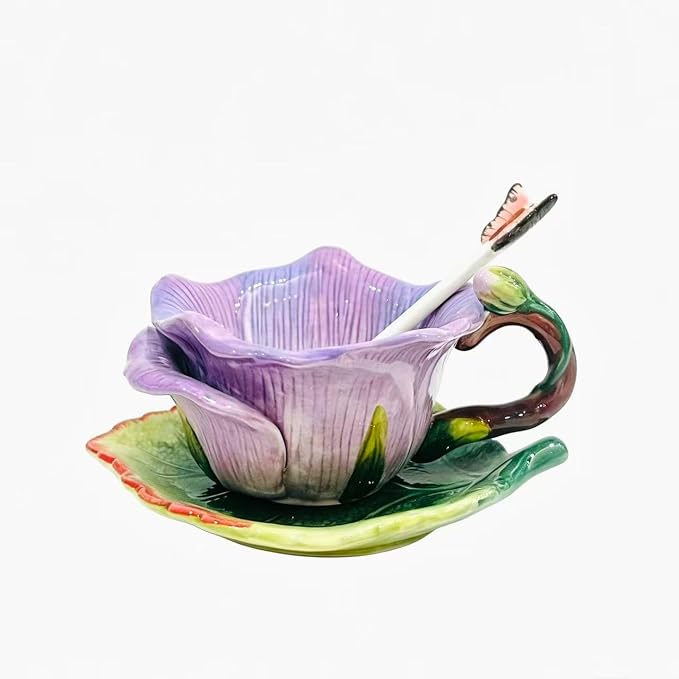 Ceramic Tea Cup and Saucer Set ，6OZ 3D Hand-Painted Flower and Lotus Leaf Coffee Mug，Gift for Women- Pinkish Purple Rose