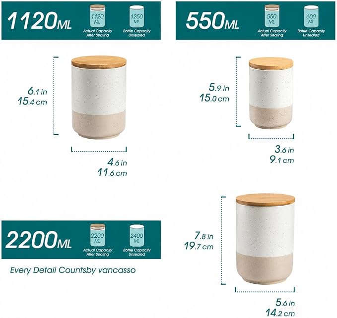 vancasso Sabine Kitchen Canister Set of 3, Ceramic Food Storage Containers with Airtight Wood Lids, Countertop & Pantry Organization for Flour, Sugar, Coffee, Tea & Snacks